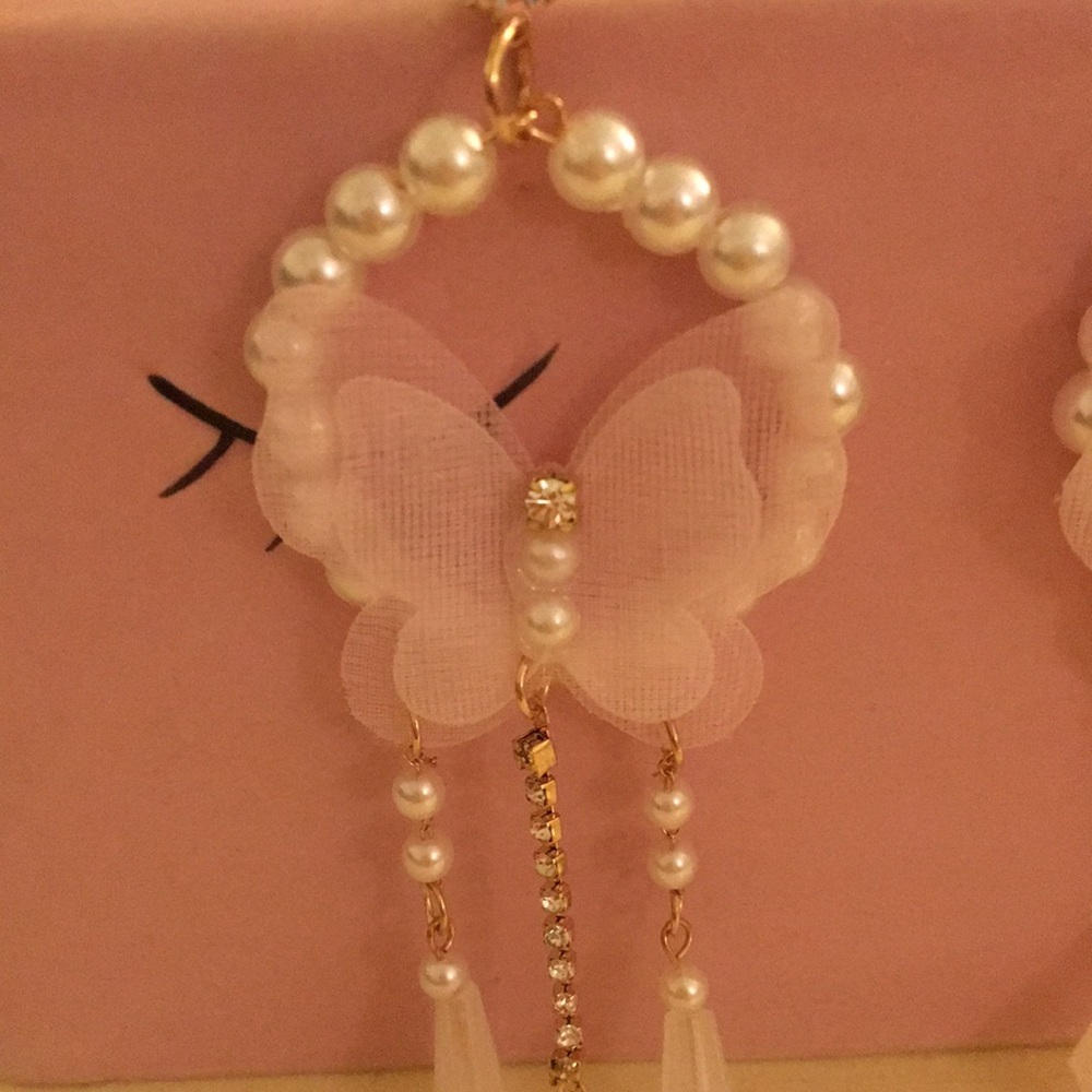 Pink Butterfly + Crystal Pearl Boho Drop Statement Earrings - Picture 5 of 11